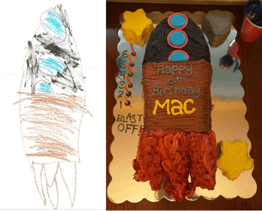Mac's Rocketship Birthday Cake.  Inspired by his drawing.